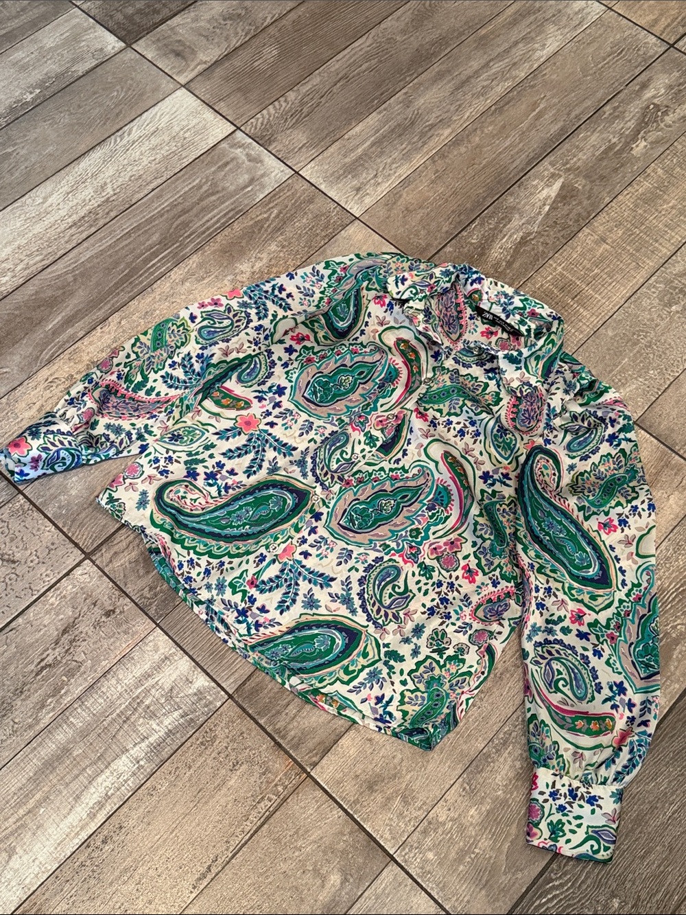 Zara-Paisley Print Long-Sleeve Top in Green & Pink